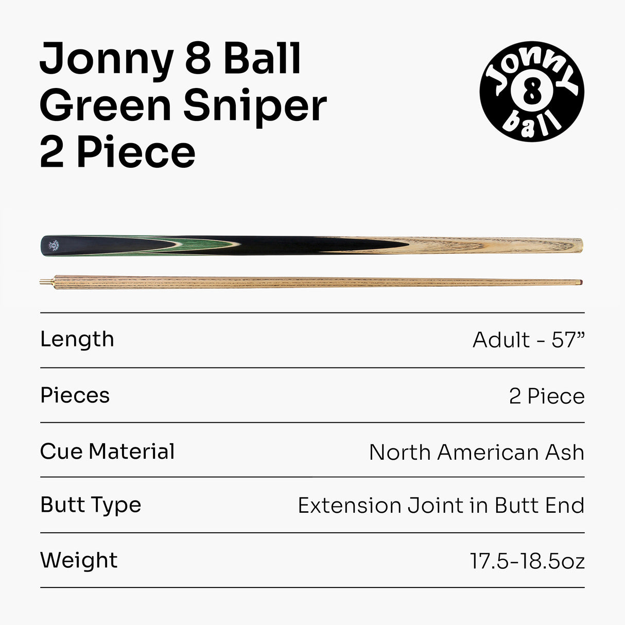Jonny 8 Ball 2 Piece GREEN SNIPER Pool Cue and Case Set with Jonny 8 Ball Black Reinforced Case + 2 Chalks