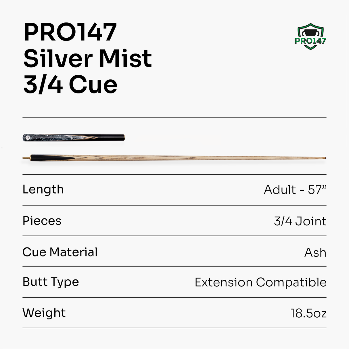 PRO147 Silver Mist ¾ Joint Snooker and Pool Cue with 9.5mm Professional Layered Tip - Hand Finished in the UK