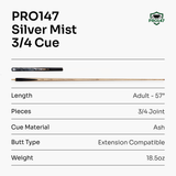 PRO147 Silver Mist ¾ Joint Snooker and Pool Cue with 9.5mm Professional Layered Tip - Hand Finished in the UK