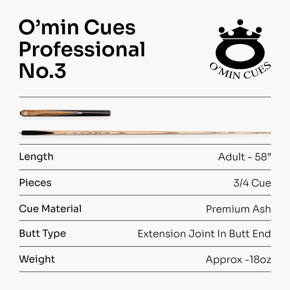 O'min Professional #3 3/4 Joint Snooker Cue with 9.75mm O'min Pro Tip
