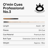 O'min Professional #3 3/4 Joint Snooker Cue with 9.75mm O'min Pro Tip