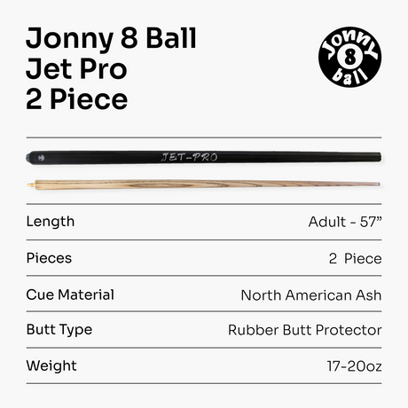 Jonny 8 Ball 57 Inch BLACK JET-PRO 2pc Ash Pool Cue with 8mm Elk Master Tip