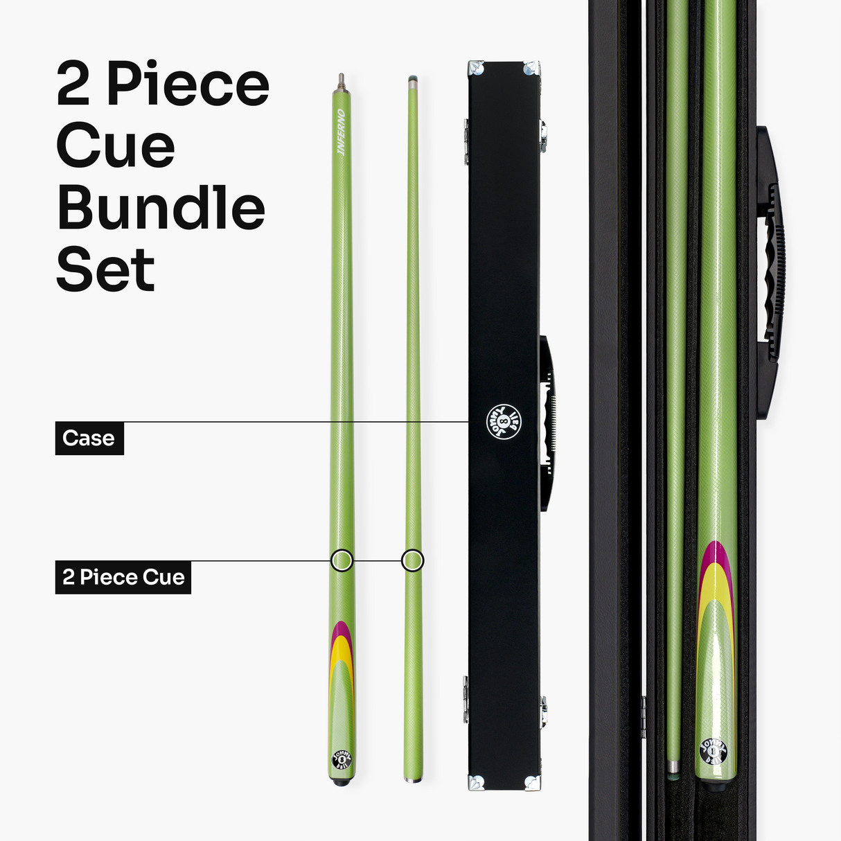 Jonny 8 Ball Inferno 2 Piece Graphite Fiberglass Cue and Case Set 9.5mm Green Layered Tip
