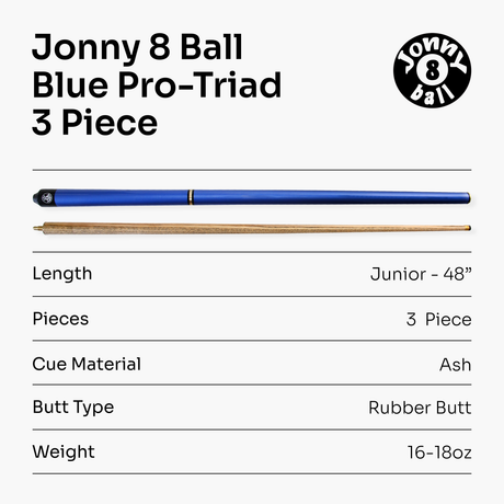 Jonny 8 Ball 48" BLUE PRO-TRIAD 3 Section Pool Cue - 8mm Elk Master Tip