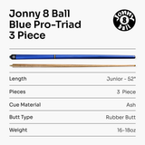 Jonny 8 Ball 52" BLUE PRO-TRIAD 3 Section Pool Cue - 8mm Elk Master Tip