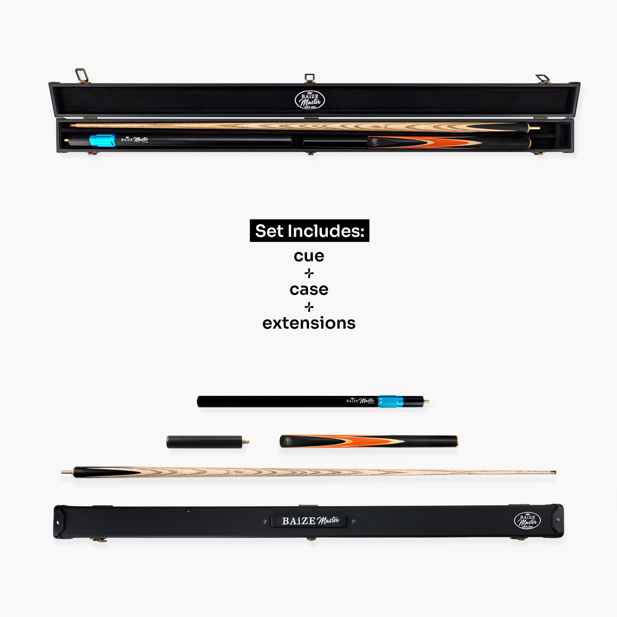 Baize Master Crucible 57 Inch 3/4 Jointed Snooker Pool Cue and Case Set 9.5mm Tip