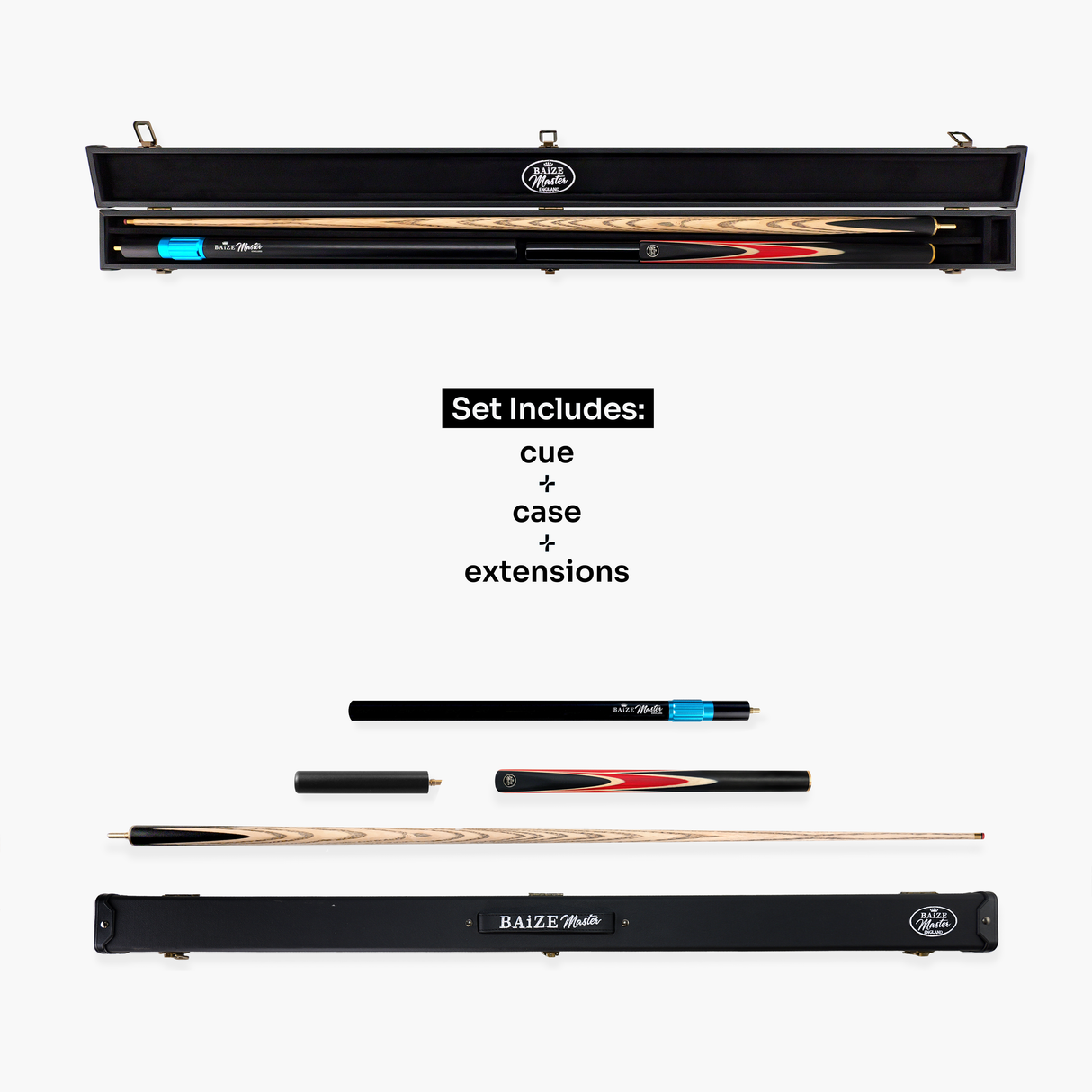 Baize Master Crucible 57 Inch 3/4 Jointed Snooker Pool Cue and Case Set 9.5mm Tip