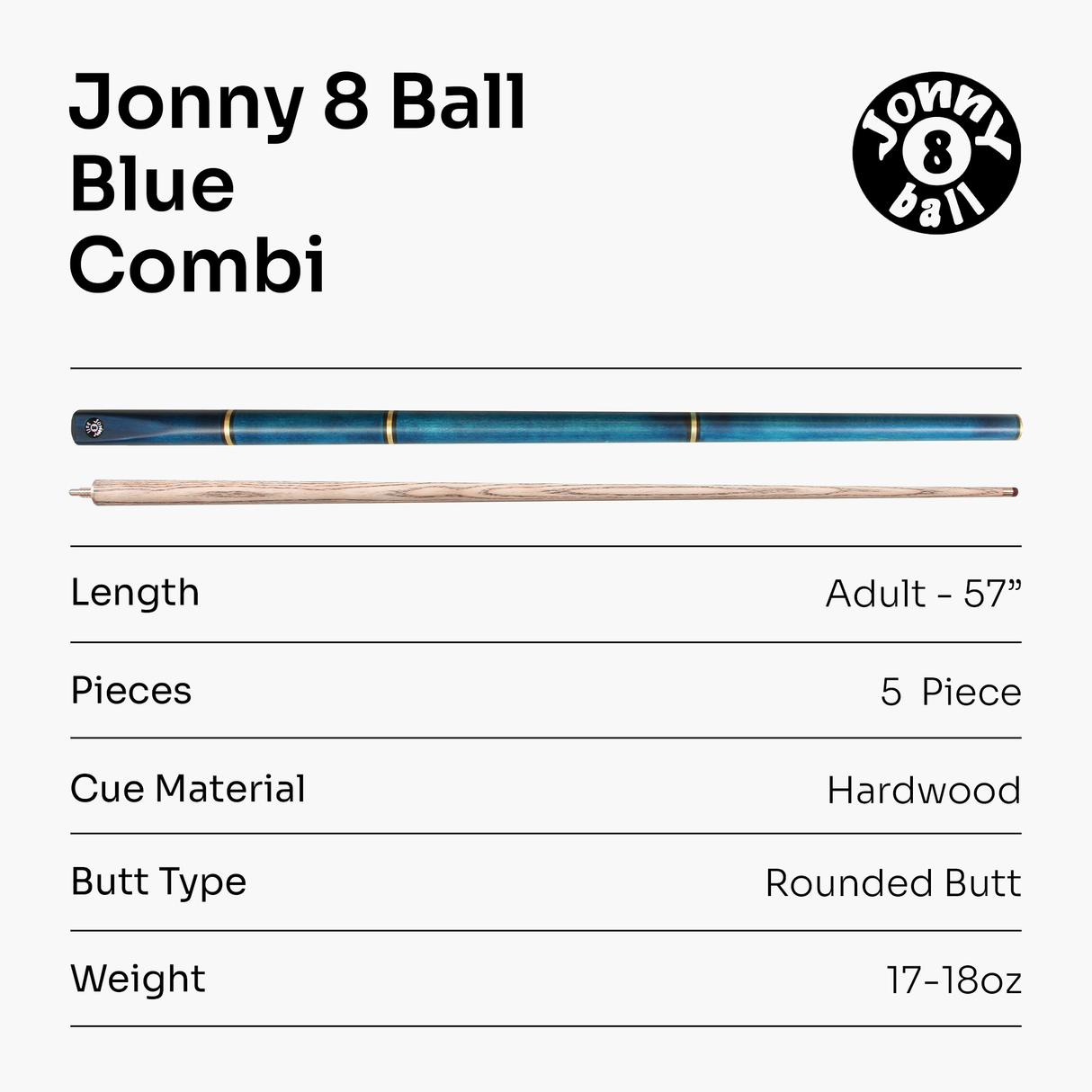 Jonny 8 Ball COMBI Length Adjustable 5 Piece Ash Snooker Pool Cue – 9mm Tip