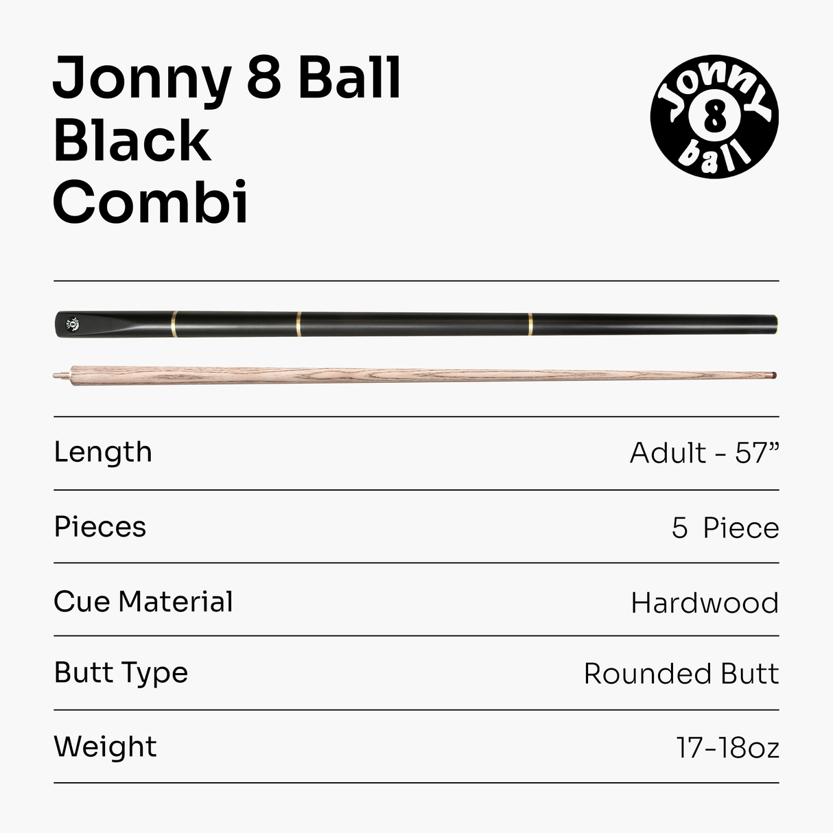 Jonny 8 Ball COMBI Length Adjustable 5 Piece Ash Snooker Pool Cue – 9mm Tip