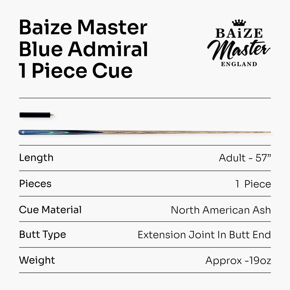 Baize Master Blue Admiral Limited-Edition 57 Inch 1 Piece Professional Ash Snooker Pool Cue 9.5mm Tip with Hand Fitted PRO SPIN Medium Tip - Hand Finished in the UK by Cue Care Jim using Lynch’s Cue Balm