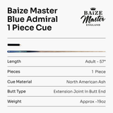 Baize Master Blue Admiral Limited-Edition 57 Inch 1 Piece Professional Ash Snooker Pool Cue 9.5mm Tip with Hand Fitted PRO SPIN Medium Tip - Hand Finished in the UK by Cue Care Jim using Lynch’s Cue Balm
