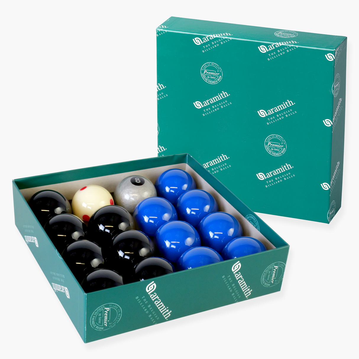 Aramith Black and Blue Premier Pool Balls with Silver 8 Ball and Spotted Cue Ball