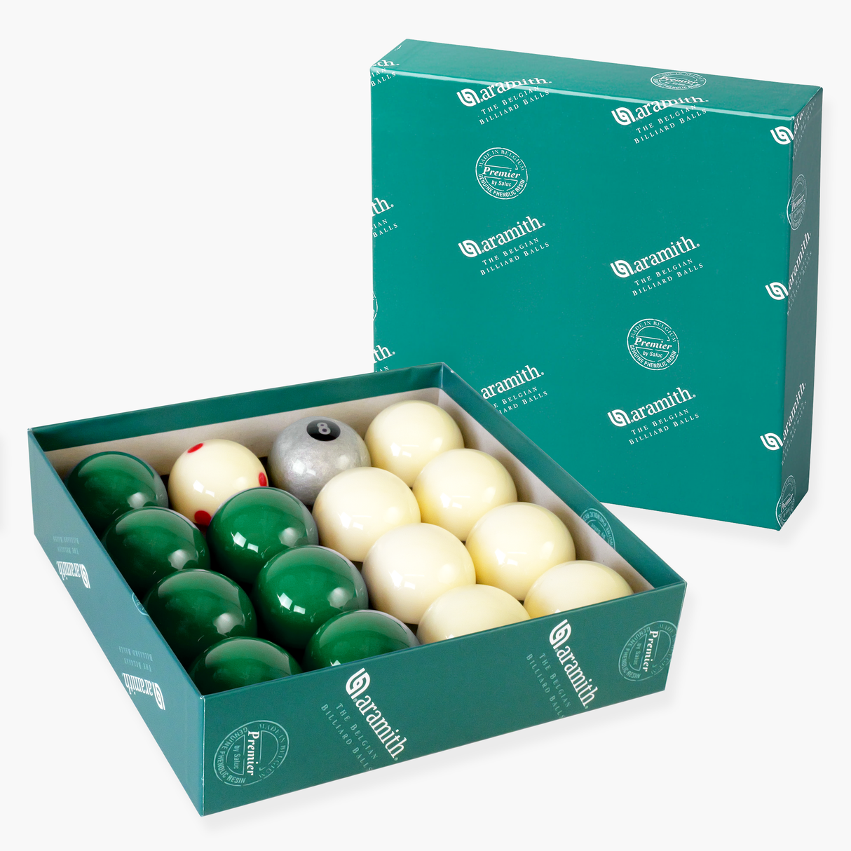 Aramith Green and White Premier English Pool Balls with Silver 8 Ball and Spotted Cue Ball