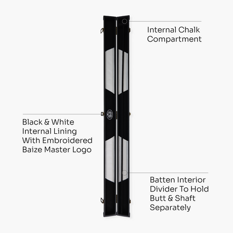 Baize Master BLACK + WHITE INTERIOR 3/4 Deluxe Black Pool Snooker Cue Case with Plastic Ends and Embroidered Logo Baize Master