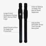 Jonny 8 Ball Black Tubular Cue Case + Shoulder Strap + 9 inch Accessory Pocket - Holds 2pc Snooker or Pool Cue