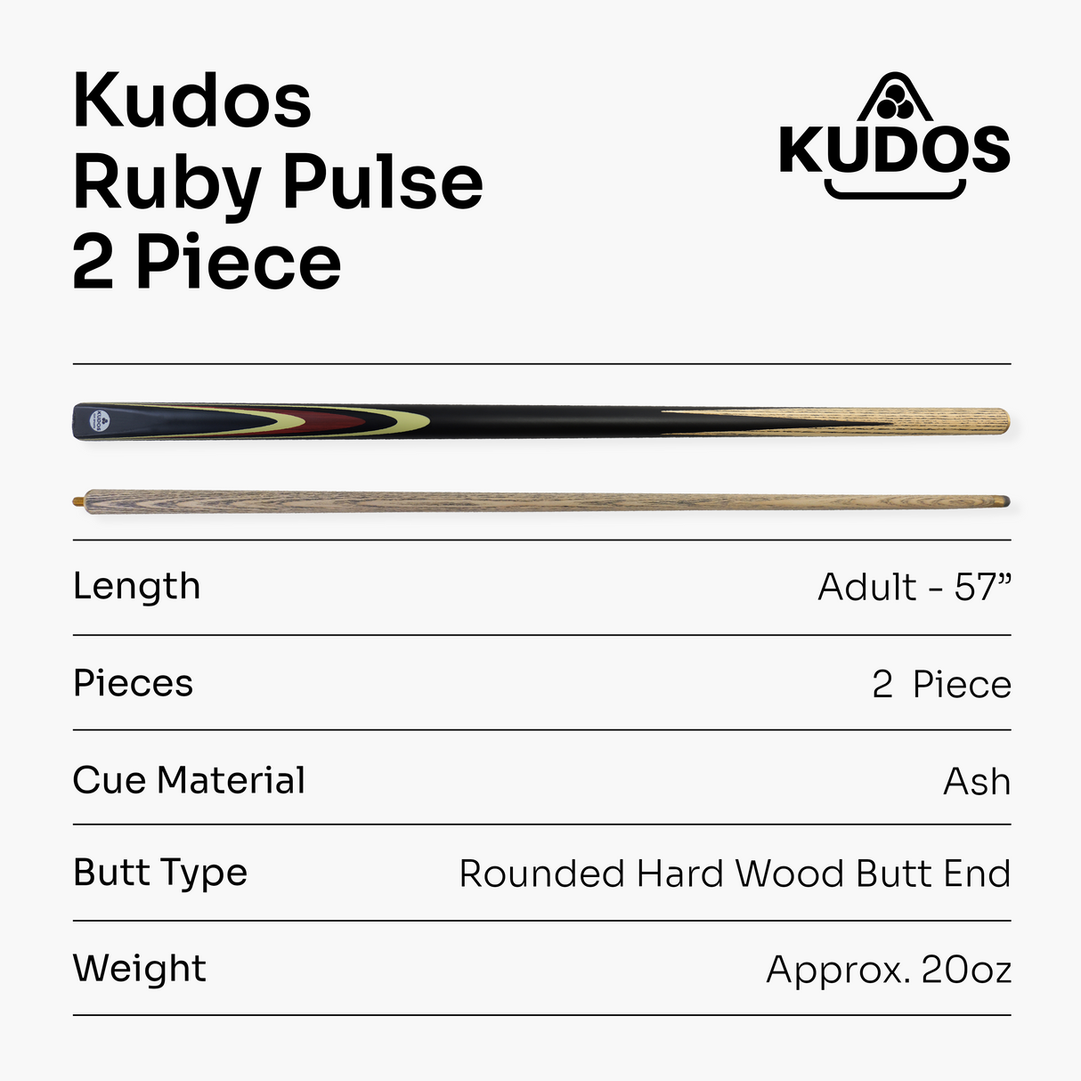 Kudos Classic Range 57 Inch Heavy Weight 2 Piece Traditional Ash Snooker Pool Cue with 9.5mm Tip
