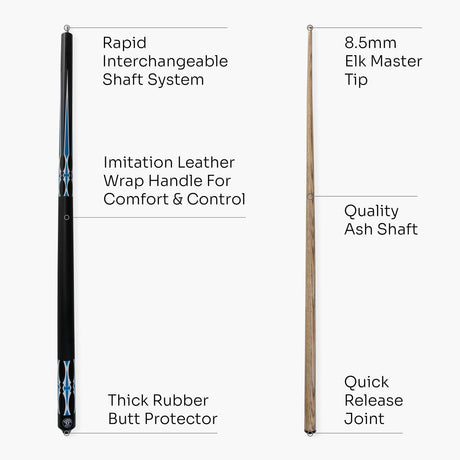 Jonny 8 Ball 57 Inch 2 Piece RISS Pool Cue 8.5mm Elk Master Tip - Interchangeable Shaft Jonny 8 Ball