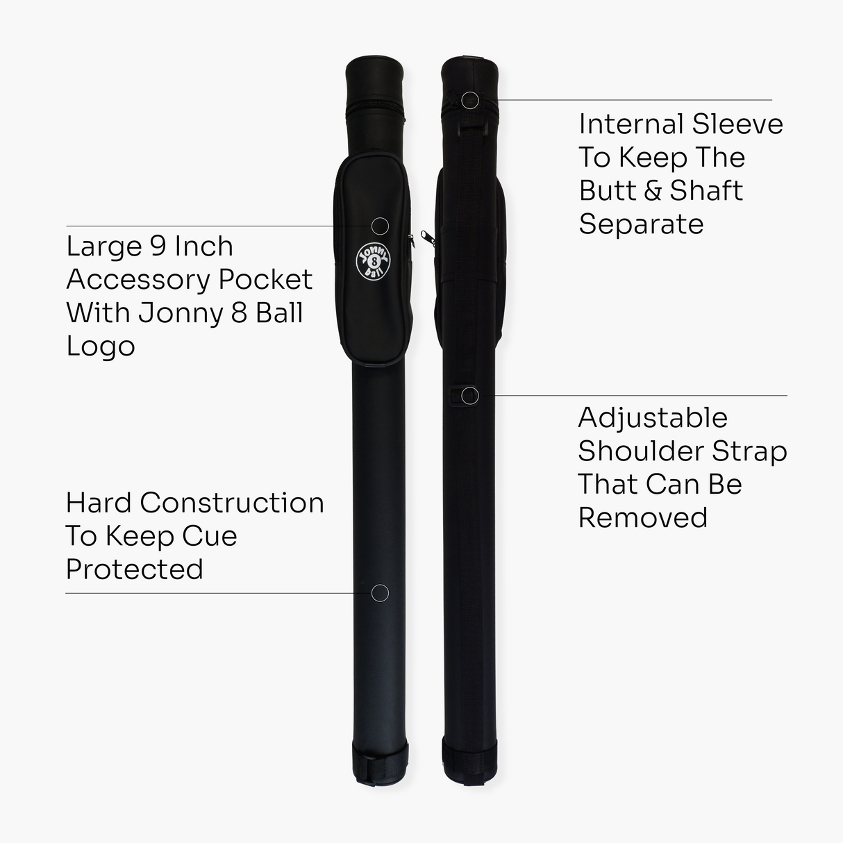 Jonny 8 Ball Black Tubular Cue Case + Shoulder Strap - Holds 2pc Snooker or Pool Cue