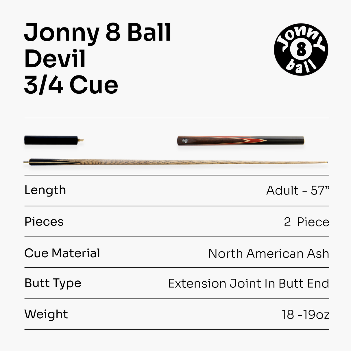 Jonny 8 Ball CLASSIC 3/4 Jointed English Pool Cue with 8.5mm Leather Tip