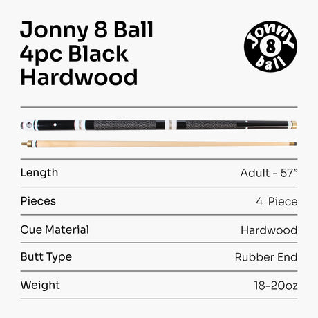 Jonny 8 Ball 4 Piece Hardwood Length Adjustable Snooker Pool Cue + 4 x 11mm Screw Tips