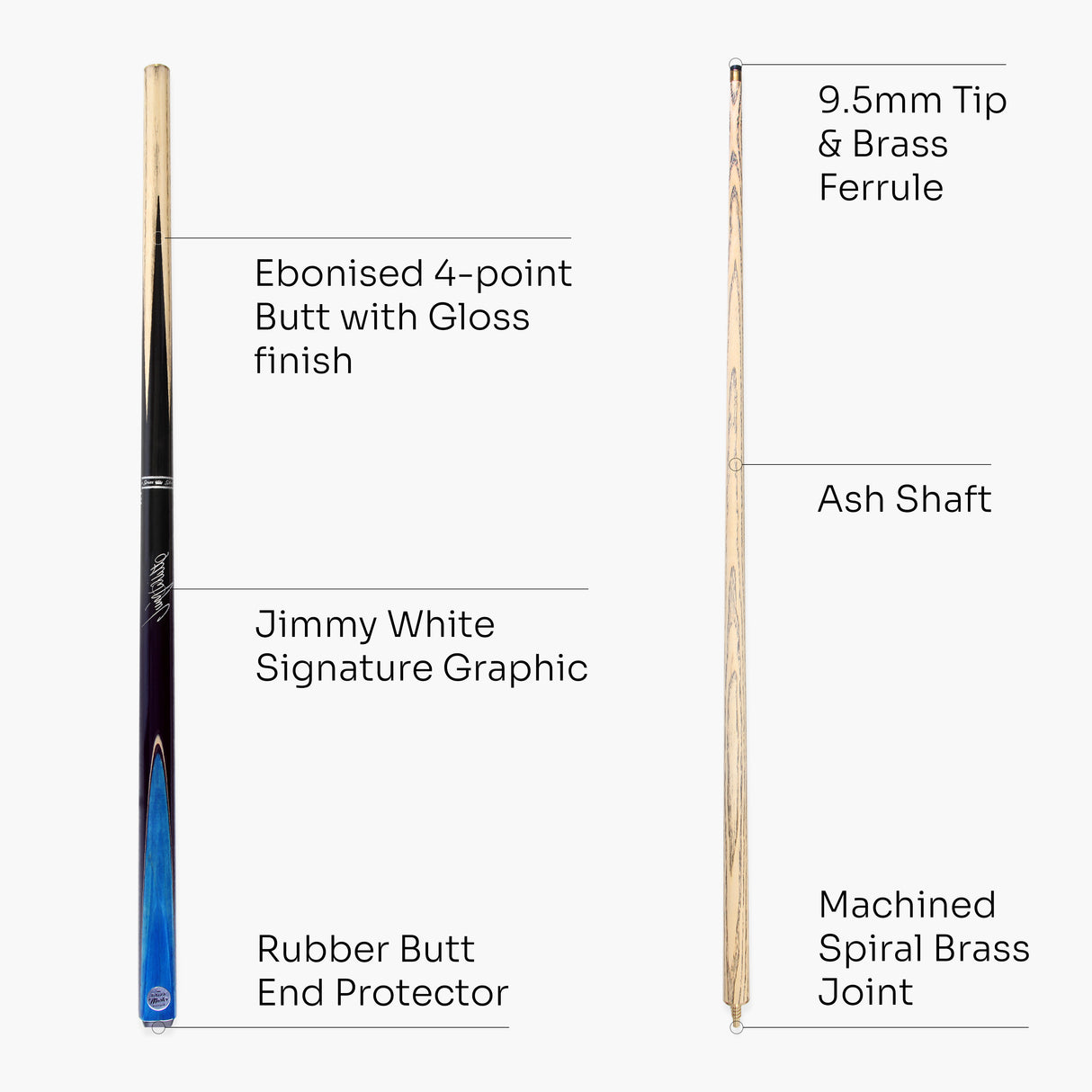 Baize Master JIMMY WHITE Signature CONQUEST 52 Inch 2 Piece Kids Snooker Pool Cue 9.5mm Tip