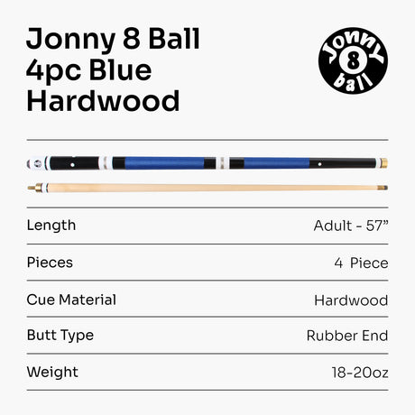 Jonny 8 Ball 4 Piece Hardwood Length Adjustable Snooker Pool Cue + 4 x 11mm Screw Tips