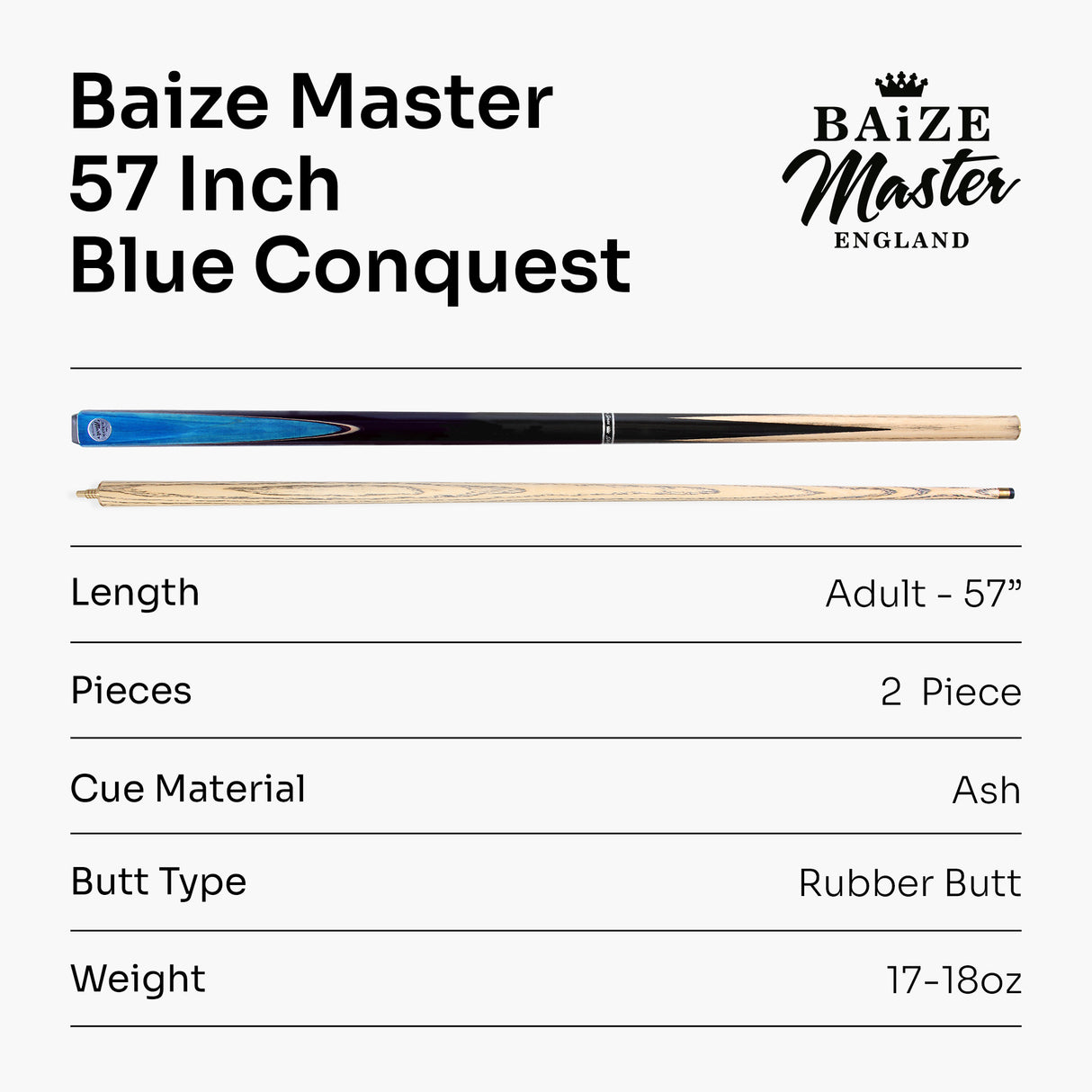 Baize Master 57 Inch CONQUEST 2 Piece Snooker Pool Cue Matching Ash Shaft 9.5mm Tip