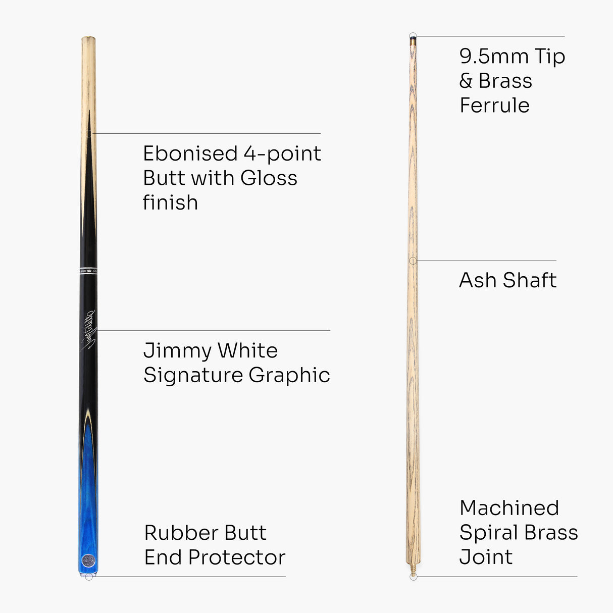 Baize Master 57 Inch Jimmy White Signature VICTORY 2 Piece Ash Snooker Pool Cue with 9.5mm Layered Tip