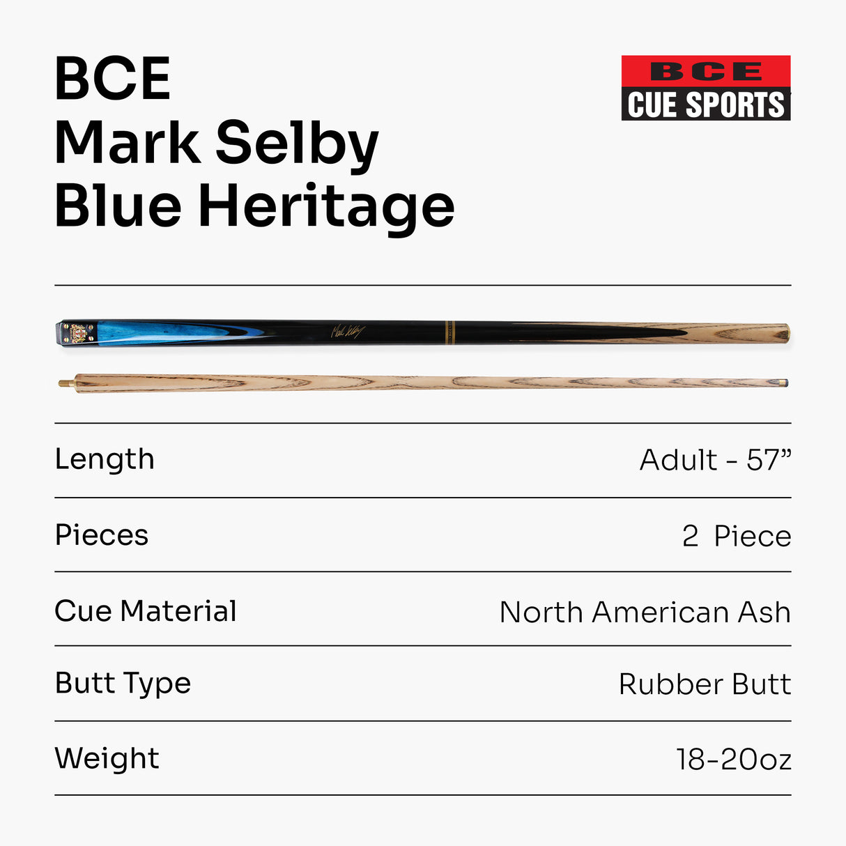 BCE MARK SELBY Signature Heritage 57 Inch 2 Piece Snooker Pool Cue 9.5mm Tip