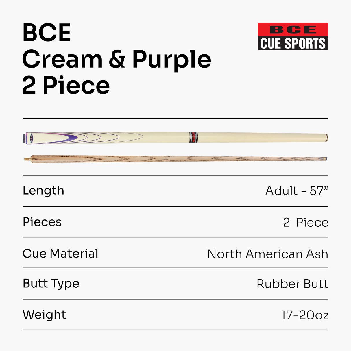 BCE Stylish Cream & Purple 2-Piece Ash Snooker Pool Cue BSP-2
