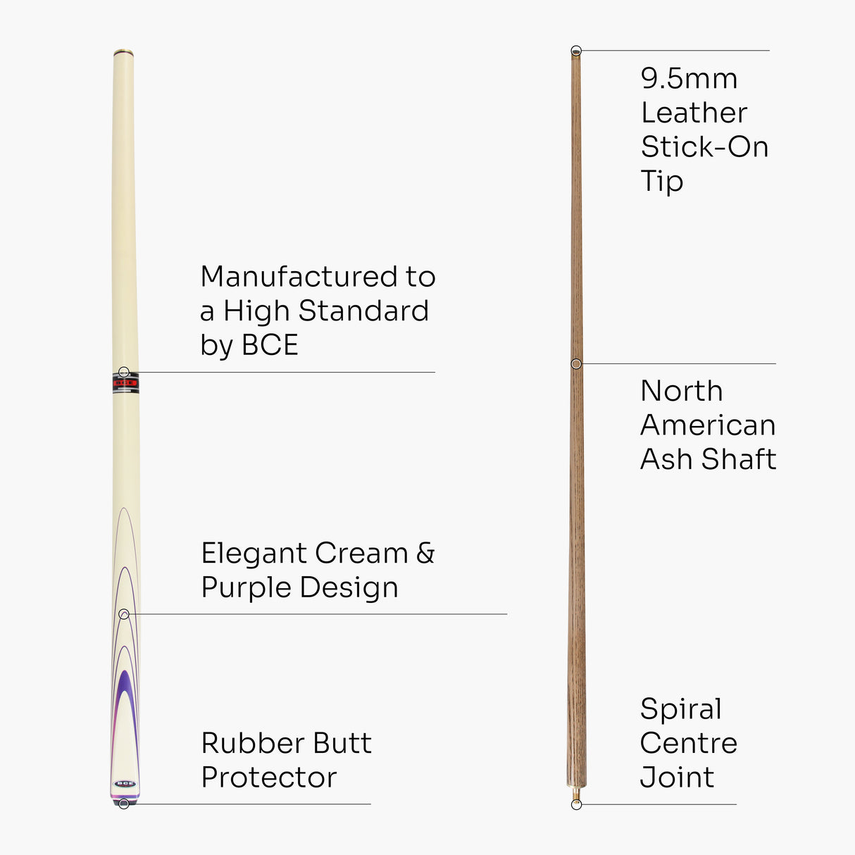 BCE Cream & Purple 57 Inch 2 Piece Snooker Pool Cue and Case Set 9.5mm Tip