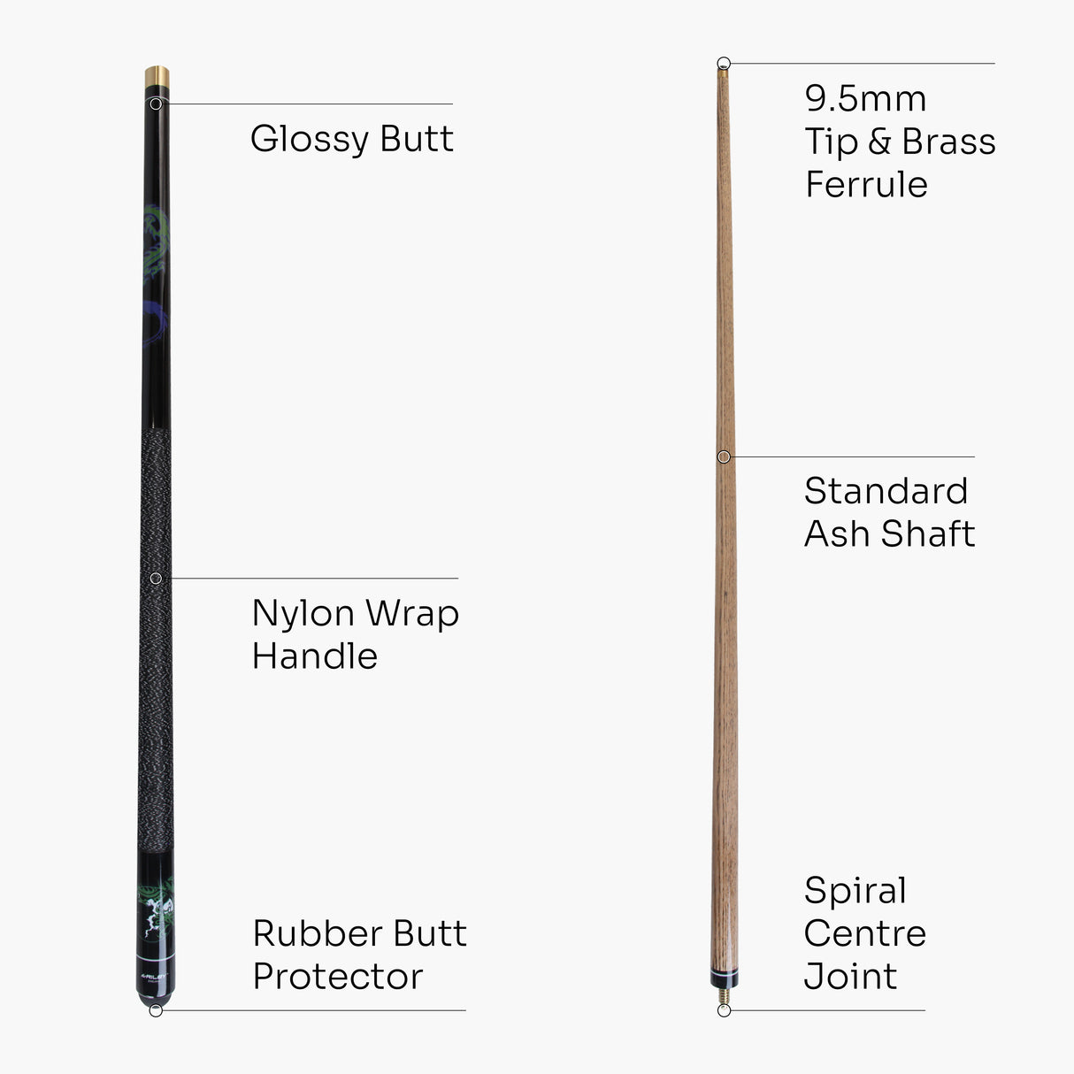 Riley Black DRAGON 8 BALL Ash 2 Piece Pool Snooker Cue - 9.5mm Tip