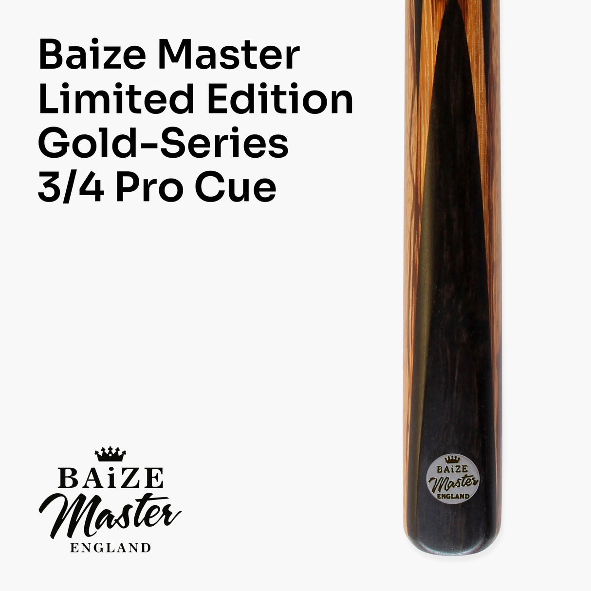 BAIZE MASTER Limited Edition Gold Series 57 Inch ¾ Jointed Professional English Pool Cue 8.5mm with hand-fitted Medium Pro Tip – Polished and finished locally in the UK!