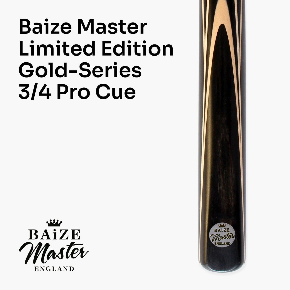 BAIZE MASTER Limited Edition Gold Series 57 Inch ¾ Jointed Professional English Pool Cue 8.5mm with hand-fitted Medium Pro Tip – Polished and finished locally in the UK!