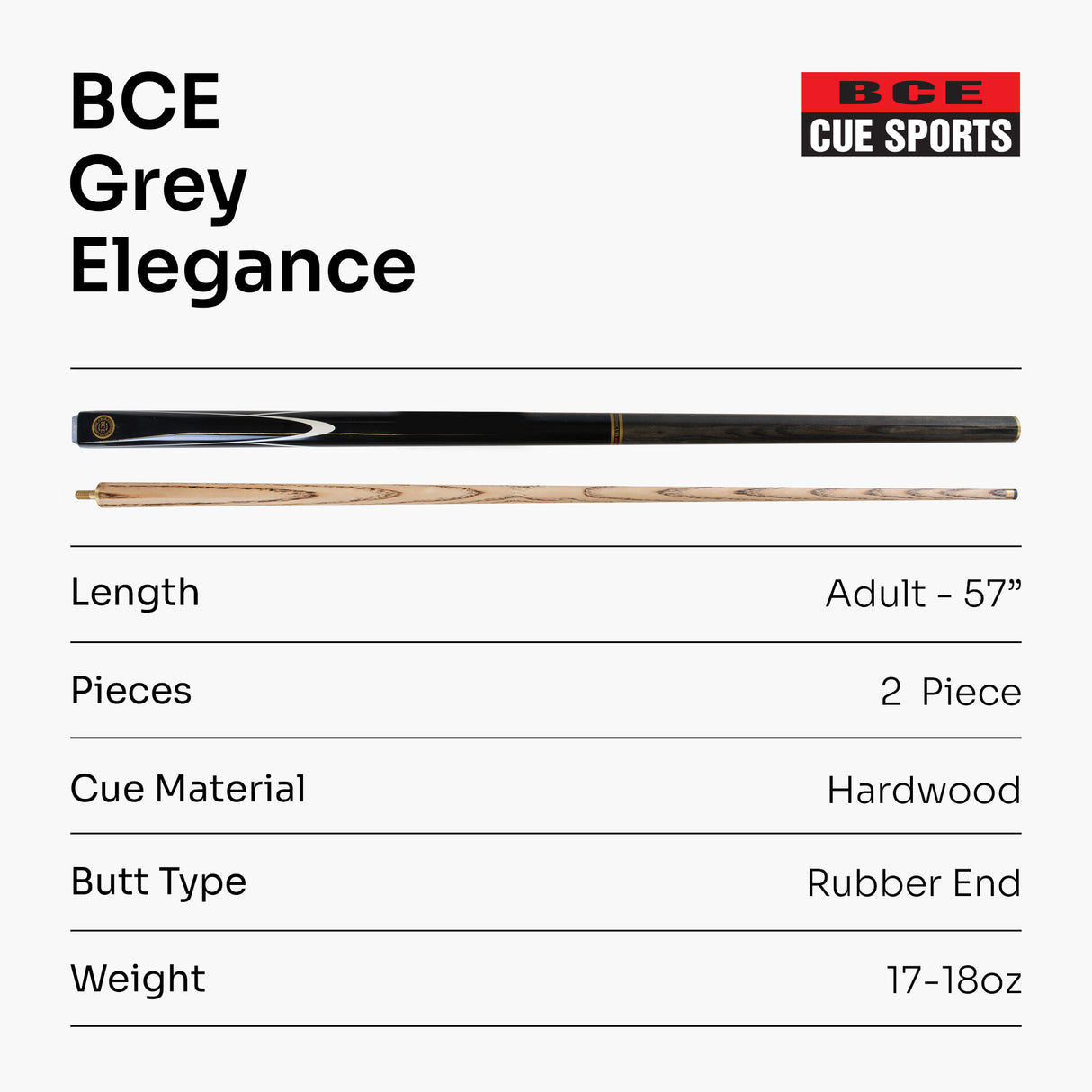 BCE Ronnie O'Sullivan Grey Elegance 57 Inch 2 Piece Ash Snooker Pool Cue 9.5mm Tip