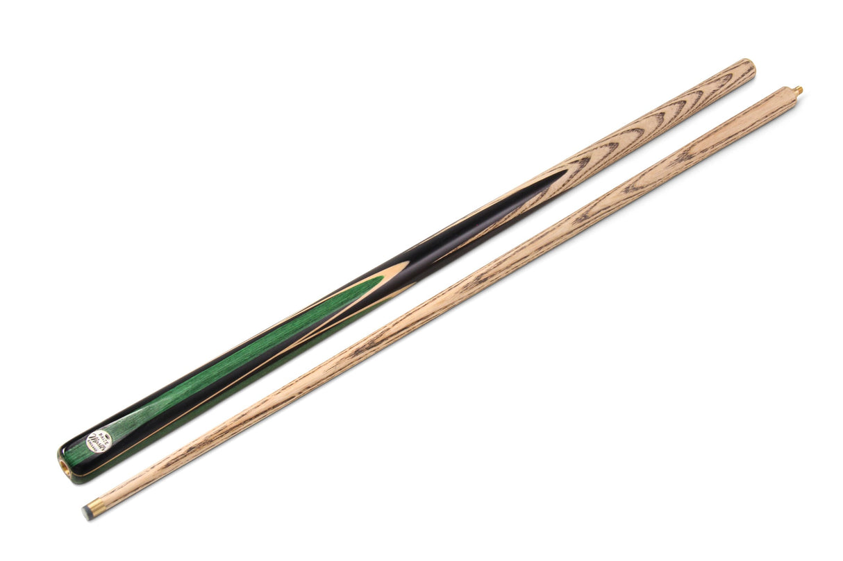 Baize Master GREEN JESTER 2 Piece 57 Inch Centre Joint Ash Snooker Pool Cue and Case Set 9.5mm Tip - With 2 Piece Black White Interior Case