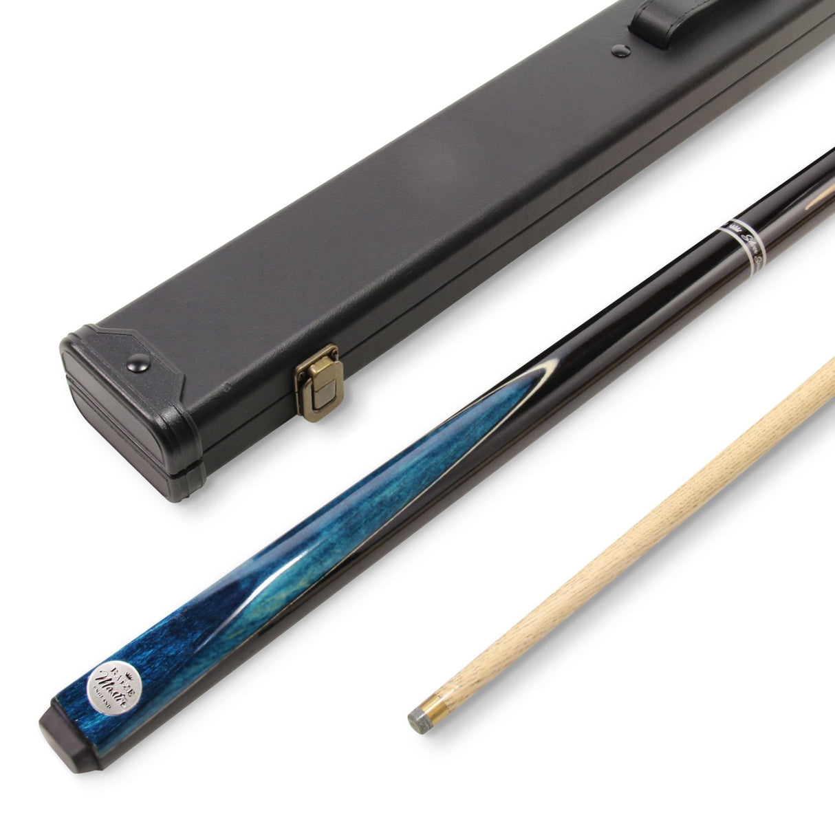 Baize Master Silver Series 52 Inch BLUE CONQUEST Snooker Pool 2pc Ash Cue Set with Baize Master Black Metal Badge Case - 9.5mm
