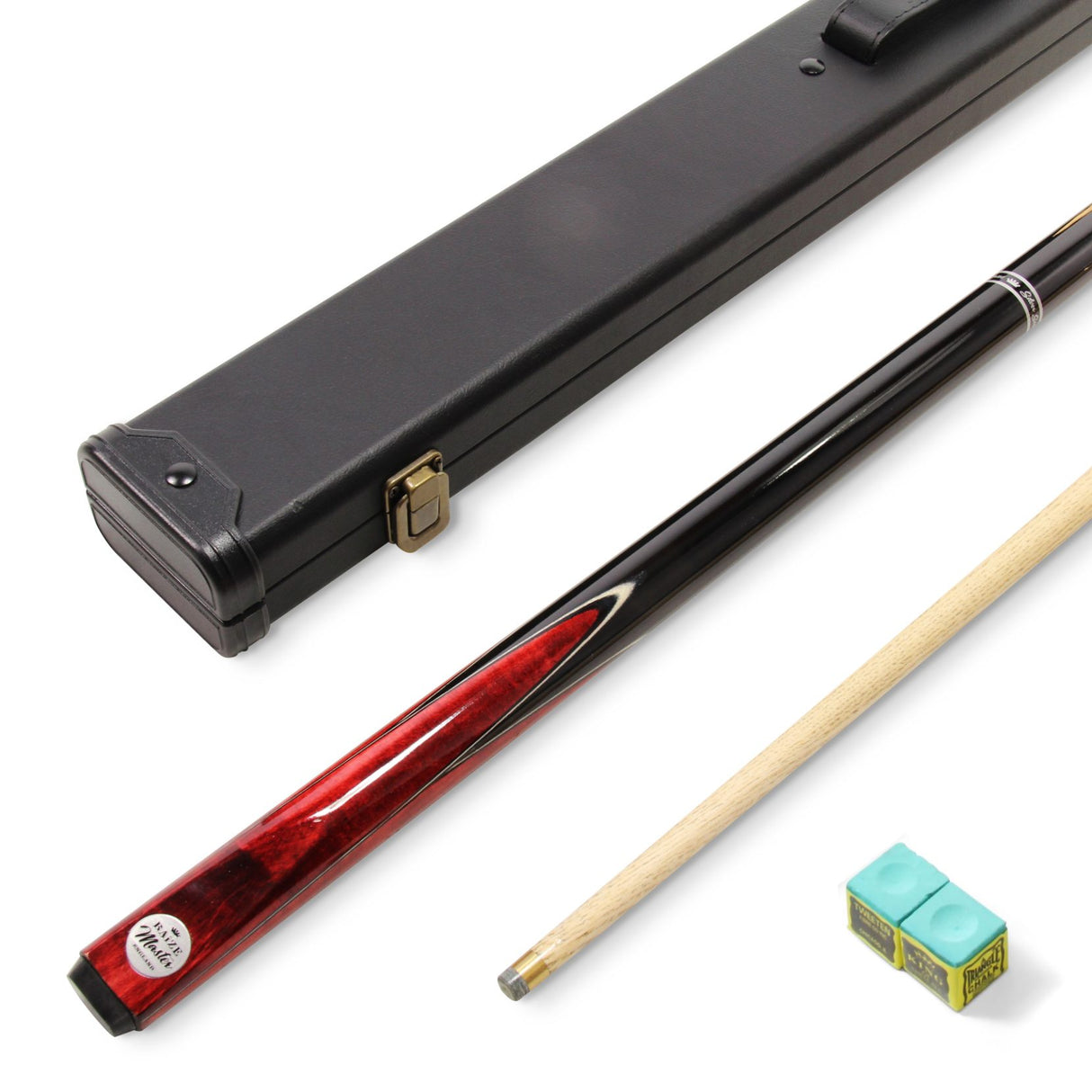 Baize Master Silver Series 57 Inch RED VICTORY Snooker Pool 2pc Ash Cue Set with Baize Master Black Metal Badge Case and 2 x Chalk - 9.5mm Tip