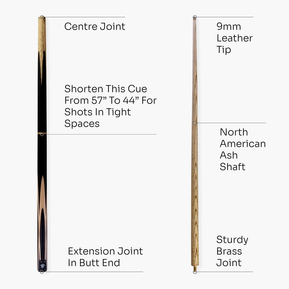 Jonny 8 Ball 57 Inch 3 Piece Length Adjustable Snooker Pool Cue 9mm Tip - Shorten to 44"