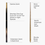 Jonny 8 Ball 57 Inch 3 Piece Length Adjustable Snooker Pool Cue 9mm Tip - Shorten to 44"
