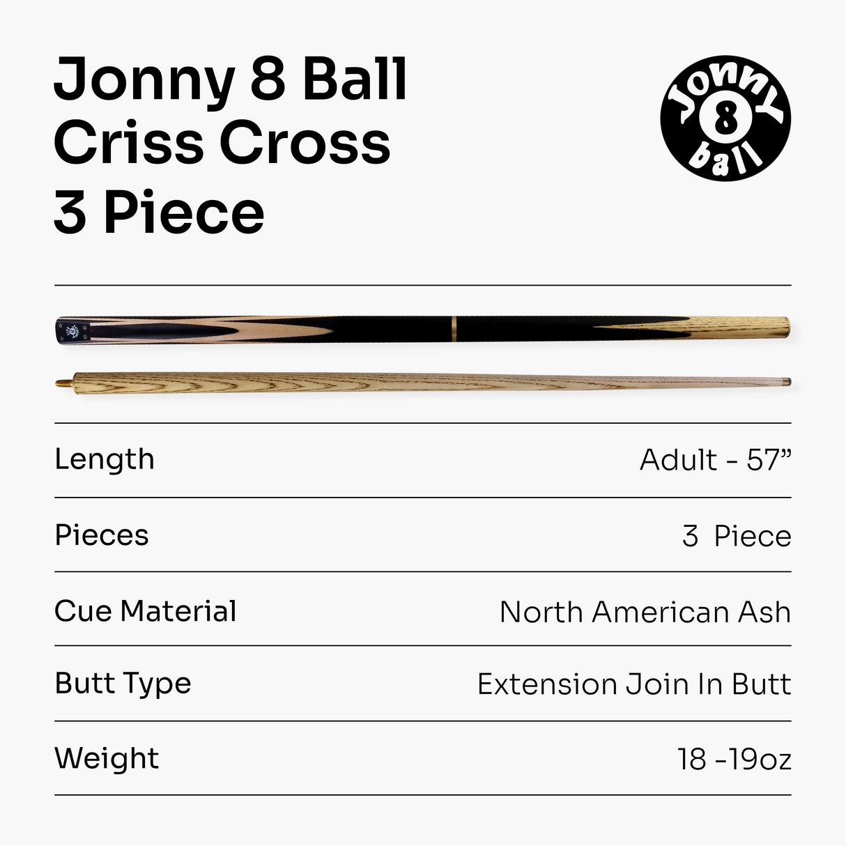 Jonny 8 Ball 57 Inch 3 Piece Length Adjustable Snooker Pool Cue 9mm Tip - Shorten to 44"