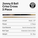 Jonny 8 Ball 57 Inch 3 Piece Length Adjustable Snooker Pool Cue 9mm Tip - Shorten to 44"