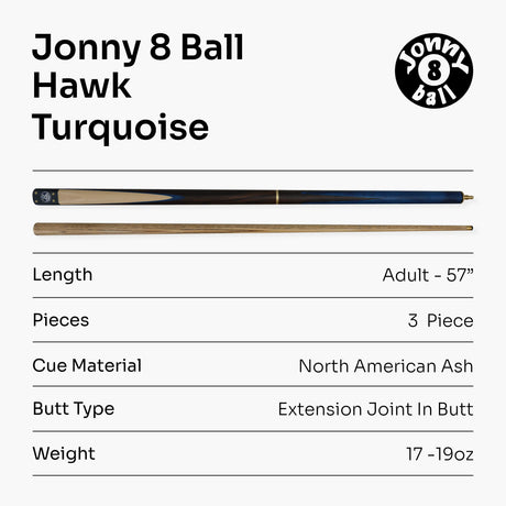Jonny 8 Ball HAWK 3 Section Rapid Shorten English Pool Cue – 8mm Tip - 55 & 57" Length Jonny 8 Ball