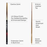 Jonny 8 Ball SILVER SMOKE 57 Inch 2 Piece Centre Joint Ash English Pool Cue with 8.5mm Tip
