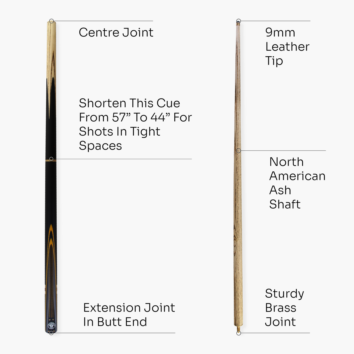 Jonny 8 Ball 57 Inch 3 Piece Length Adjustable Snooker Pool Cue 9mm Tip - Shorten to 44"
