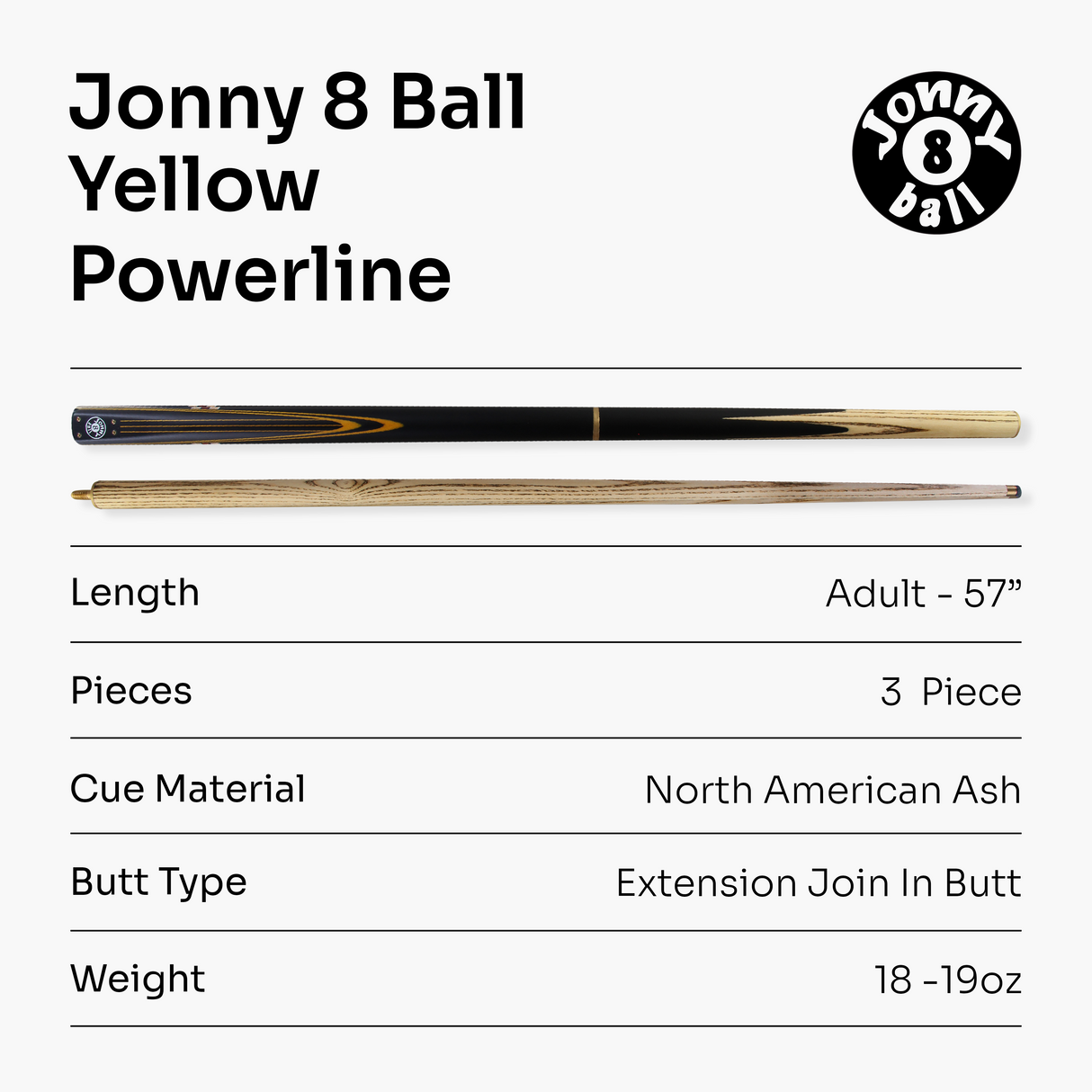 Jonny 8 Ball 57 Inch 3 Piece Length Adjustable Snooker Pool Cue 9mm Tip - Shorten to 44"
