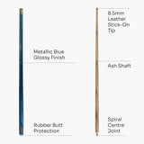 Riley METALLIC BLUE Butt 2 Piece 57 Inch Ash ENGLISH POOL Cue - 8.5mm Tip