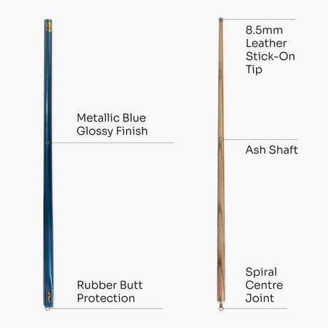 Riley METALLIC BLUE Butt 2 Piece 57 Inch Ash ENGLISH POOL Cue - 8.5mm Tip