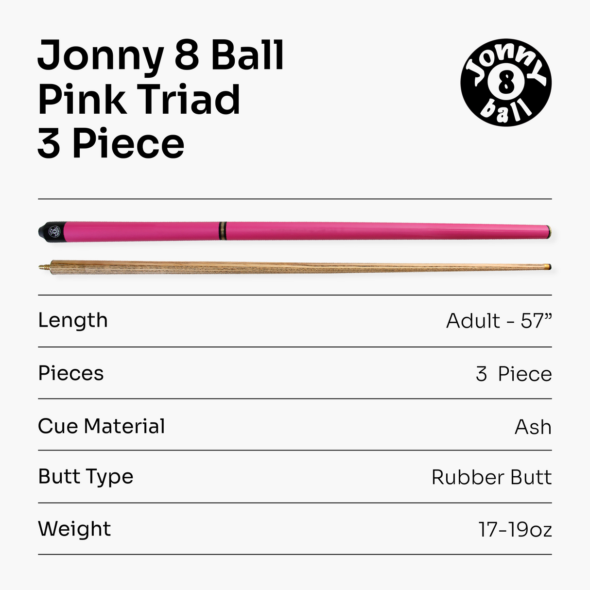 Jonny 8 Ball TRIAD 57 Inch 3 Piece Snooker Pool Cue 9.5mm Tip - Shorten to 39 Inch