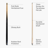 BCE 57 Inch 2pc Black POOL MASTER Economy Hardwood Pool Snooker Cue with 11mm Screw On Tip - great starter cue for beginner players!